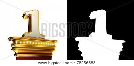 Number One on a golden platform with brilliant lights over white background with alpha map