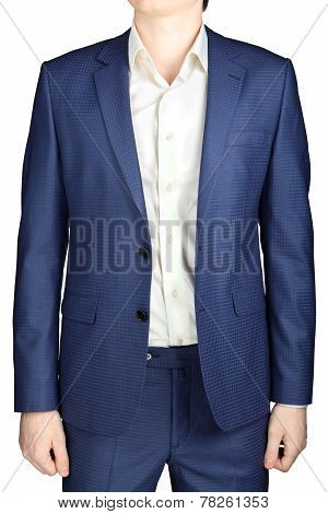 Blue Mens Suit,  In Fine Checkered, Isolated On White Background.