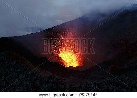 Eruption Tolbachik Volcano: Fountain Lava From Volcano. Kamchatka
