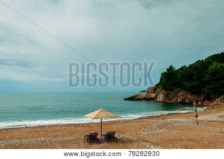 Luxury Beach Resort  Two Sunbeds  And Umbrella Nobody