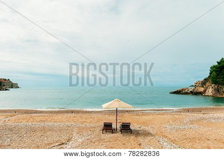Luxury Beach Resort  Two Sunbeds  And Umbrella Nobody