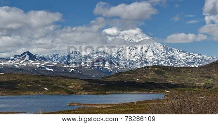 Panorama: The Nature Of Kamchatka: View Of Volcano And Mountain Lake