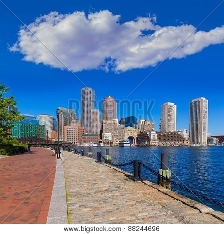 Boston skyline from Fan Pier at sunlight in Massachusetts USA