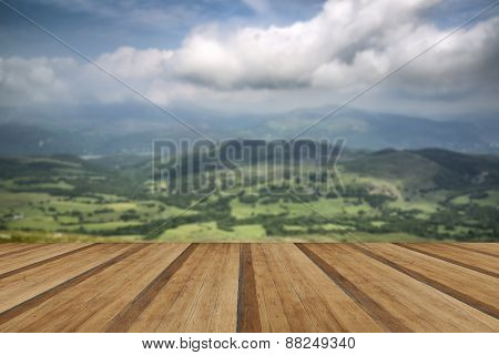 View From Cadair Idris Mountain North Over Countryside Landscape With Wooden Planks Floor