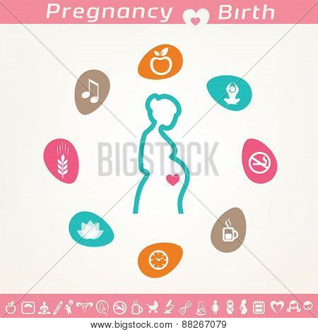 Pregnant Woman Infographics And Icons Set, Healthy Lyfestyle