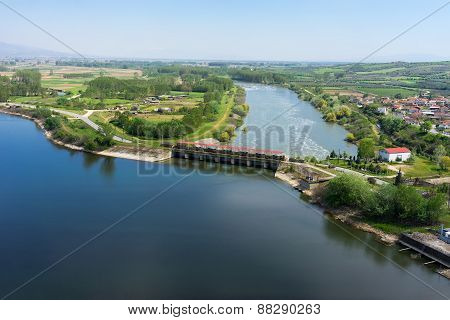 Aerial View Of The Artificial Lake Kerkini And River Strymon With Dam