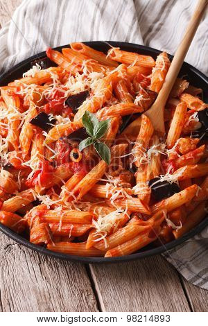 Pasta Alla Norma With Eggplant And Tomatoes Close-up. Vertical