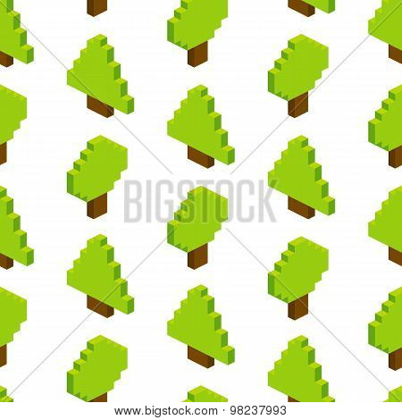 Seamless Background Of Isometric Trees. Vector Illustration In Pixel-art Style