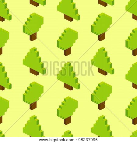 Seamless Background Of Isometric Forest. Vector Illustration In Pixel-art Style