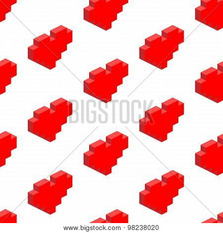 Seamless Background Of Isometric Hearts. Vector Illustration In Pixel-art Style. Love Pattern.