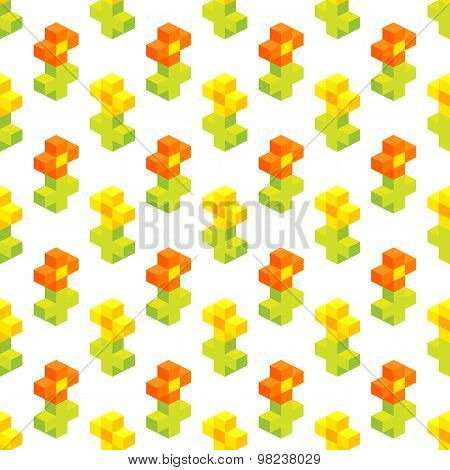 Seamless Background Of Isometric Flowers. Vector Illustration In Pixel-art Style