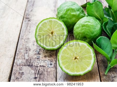 Bergamot On Wooden Table, (kaffir Lime)
