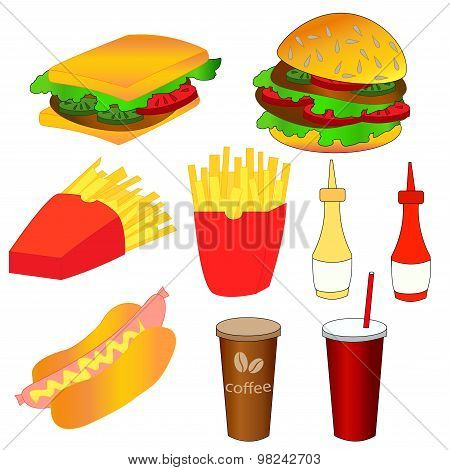 Fast food icons set. Colorful vector illustration.