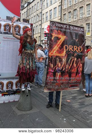 EDINBURGH - AUGUST 8: Members of Chadwick School publicize their show Zorro The Musical during Edinburgh Fringe Festival on August 8th, 2015 in Edinburgh, Scotland