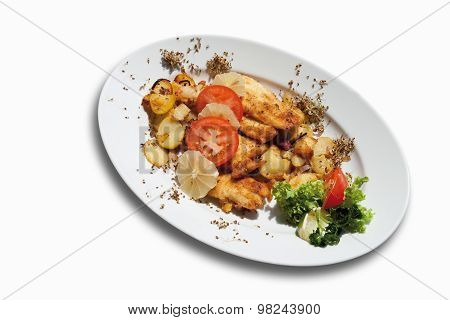 Breaded Coalfish Fillet With Fried Potatoes In Plate On White Background