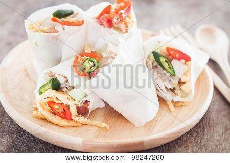 Fresh Spring Rolls On Wooden Table