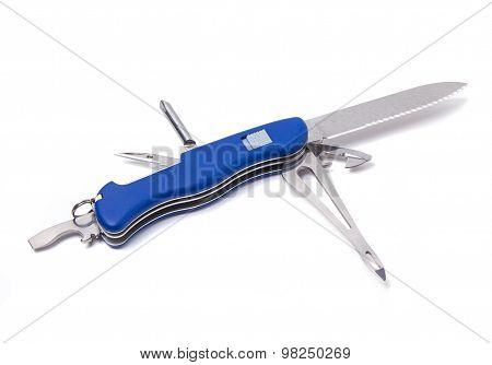 Multi-function Knife In The Unfolded State. Isolated On White Background
