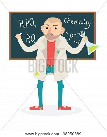 Flat Funny Vector Chemistry Teacher. Vector Illustration