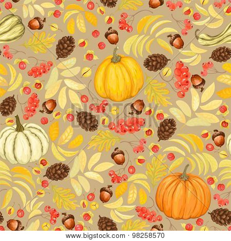 Autumn seamless background with pumpkins, acorns, pine cones, rowan and Oriental Bittersweet, vector illustration.