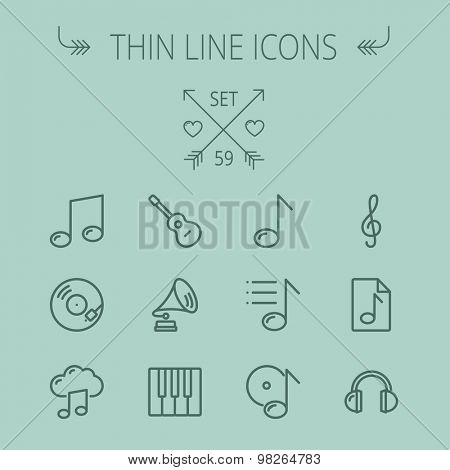 Music and entertainment thin line icon set for web and mobile. Set includes- musical notes, phonograph record, g- clef, headphone, gramophone, guitar, piano icons. Modern minimalistic flat design