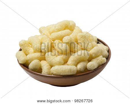 Crispy Corn Flakes On A Plate. Isolated On White Background