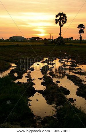 Večer před slunce venkovských Thajsko