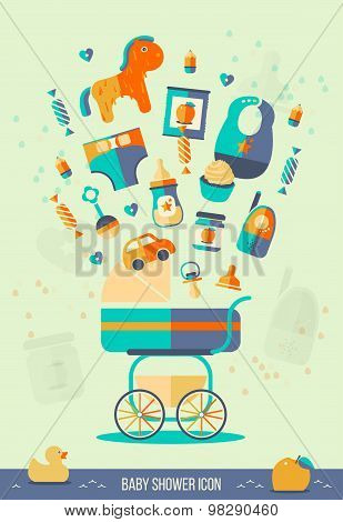 Vector Baby Shower Illustration. Invitation Template, Party Theme, Web Card Design. Icons Set. Flat