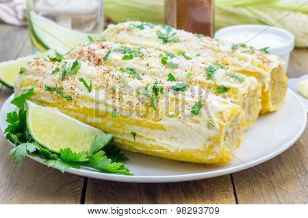 Mexican Corn With Butter, Mayonnaise, Parmesan, Chili, Cilantro, And Lime