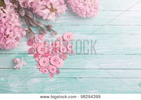 Postcard With Heart From Buttons And Hyacinths And Willow Flowers