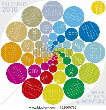Colorful Calendar For 2018. Circular Design. Week Starts On Monday