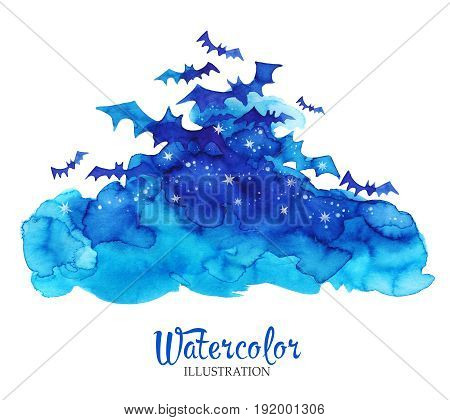 Hand painted night sky pattern. Watercolor vintage clouds with bats. Halloween night. Original hand drawn background. Horror.