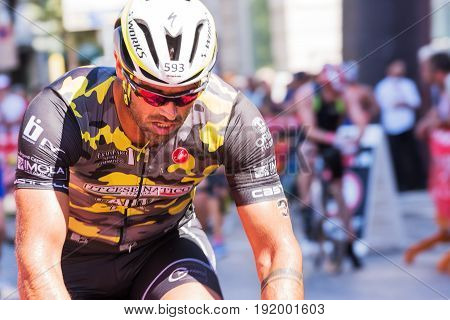 Pescara Italy - June 18 2017: Athlete starts the bicycle test at Pescara's Ironman 70.3
