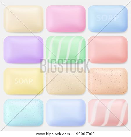 Soap set. Soaps isolated on white. Collection of bathroom body hygiene items. Cream and scrub colorful bars collection. Face and body cleaning. Realistic vector for your design.