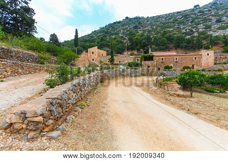 Island Crete Greece - June 27 2016: Greek orthodox Vossakos monastery or Monastery of Timios Stavros on Crete island in Greece.