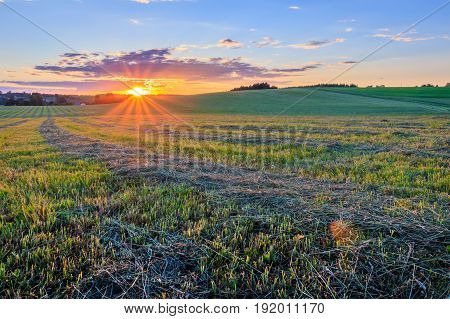 Sunrise At Cultivated Land In The Countryside On A Summer.