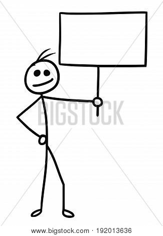 Cartoon vector doodle stickman holding empty sign for your text