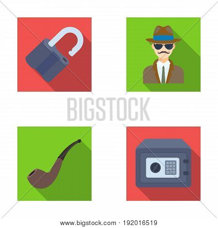 Lock hacked, safe, smoking pipe, private detective.Detective set collection icons in flat style vector symbol stock illustration .