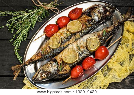 Mackerel or scomber cooked on brazier. Served on metal plate with lime rosemary baked cherry tomatoes. Plate with fish on dark wooden table with yellow gauze napkin