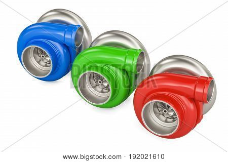 set of colored car turbocharger 3D rendering isolated on white background