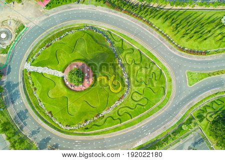 Aerial view of Royal Park Rajapruek roundabout with beautiful green garden Chiang Mai Thailand.