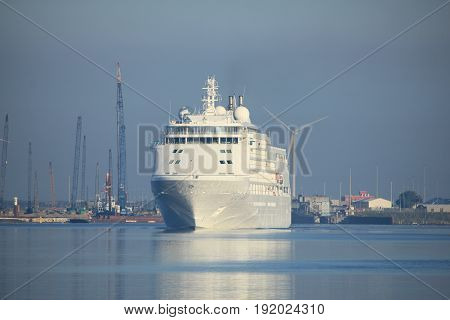 Velsen The Netherlands - June 18th 2017: Silver Whisper- Silversea Cruises on North Sea Channel towards Amsterdam Cruise terminal