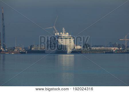 Velsen The Netherlands - June 18th 2017: Silver Whisper- Silversea Cruises on North Sea Channel towards Amsterdam Cruise terminal