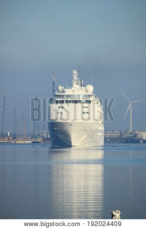 Velsen The Netherlands - June 18th 2017: Silver Whisper- Silversea Cruises on North Sea Channel towards Amsterdam Cruise terminal