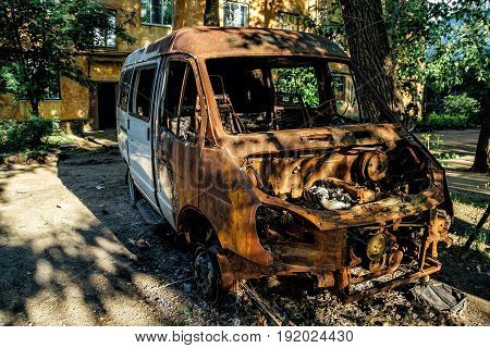 Burnt after fire rusty minibus in Voronezh