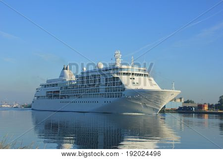 Velsen The Netherlands - June 18th 2017: Silver Whisper- Silversea Cruises on North Sea Channel towards Amsterdam Cruise terminal