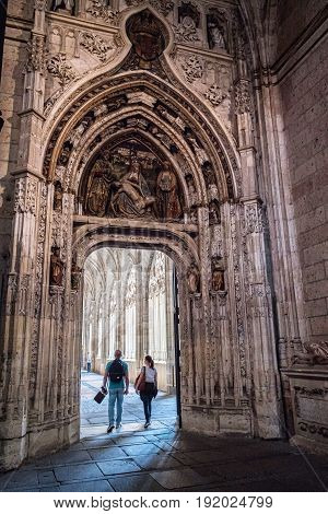 SEGOVIA SPAIN JUNE - 3 2017: Interior of Cathedral of Our Lady of Assumption Access door to the Cloister Located on the south side of the cathedral It is decorated with a set of piety or the Virgin of the Quinta Angustia take in Segovia Spain