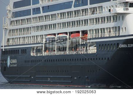 Velsen The Netherlands - June 20th 2017: Azamara Journey - Azamara Club Cruises on North Sea Channel towards Amsterdam Cruise terminal