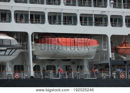Velsen The Netherlands - June 20th 2017: Azamara Journey - Azamara Club Cruises on North Sea Channel detail of lifeboats