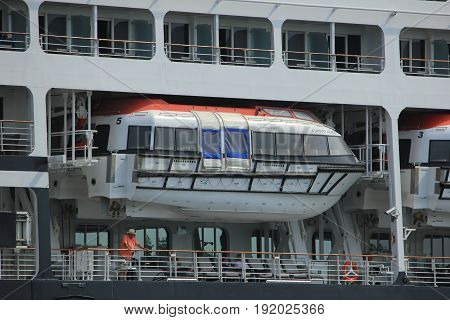 Velsen The Netherlands - June 20th 2017: Azamara Journey - Azamara Club Cruises on North Sea Channel detail of lifeboats