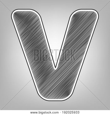 Letter V sign design template element. Vector. Pencil sketch imitation. Dark gray scribble icon with dark gray outer contour at gray background.